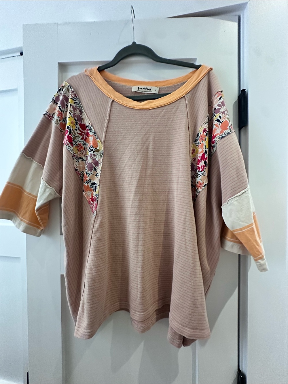 Three Bird Nest Blush Scoop-Neck Patchwork Sweatshirt with Floral Panels